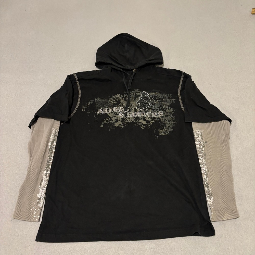 Burnside Shirt Mens XL Hooded Black Y2K Goth Grunge Tattoo Emo Skater Streetwear